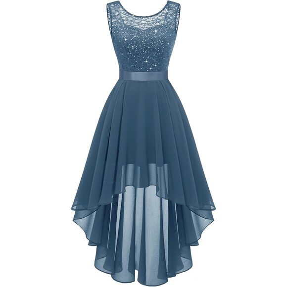 BeryLove Women Grey Blue Chiffon Scoop Neck Sleeveless Lace Cocktail Dress - Picture 1 of 6